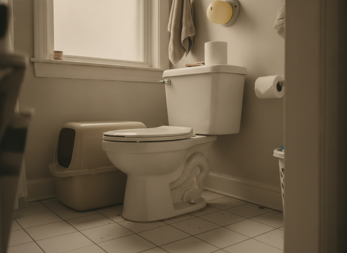 A covered plastic litter box crammed in a bathroom corner.