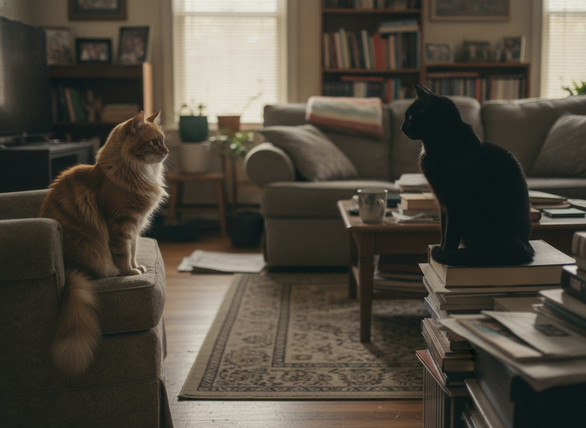 Two cats staring at each other across a living room. Tension, not a fight.