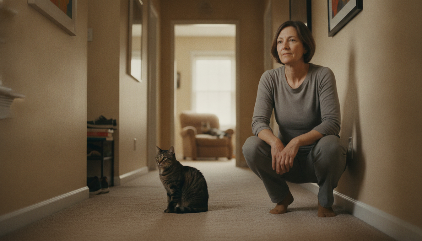 A woman crouched calmly in a hallway, two cats visible at different distances.